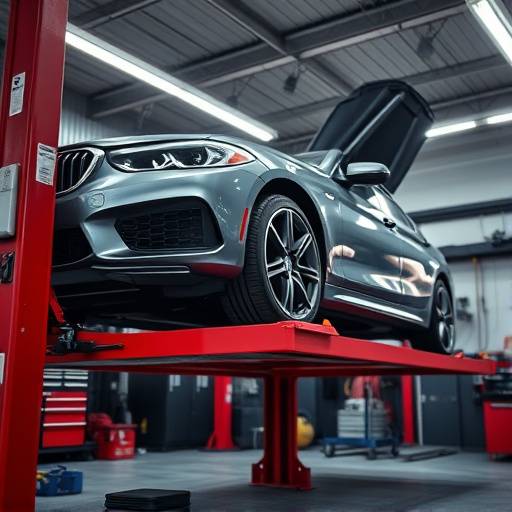 A car raised on a lift at AutoFix Garage, undergoing an inspection.
