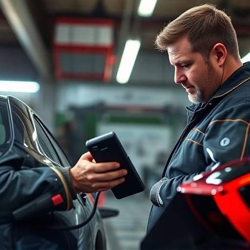 Advanced diagnostic equipment being used at AutoFix Garage: A technician using a high-tech scanner to diagnose a car's electronic system.