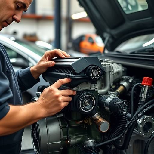 Engine rebuild process at AutoFix Garage: A mechanic carefully assembling an engine, demonstrating precision and expertise.