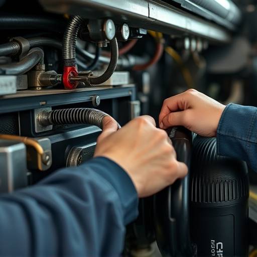 Technician working on the HVAC system of a vehicle: Close-up shot of a mechanic repairing the air conditioning compressor with specialized tools.